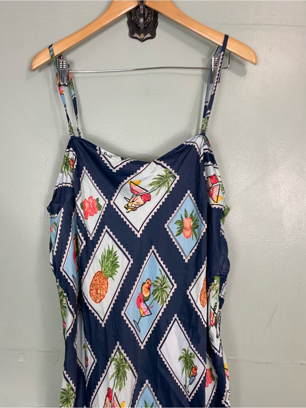 Anthropologie Conditions Apply Chloe Maxi Slip Dress Blue Stamp Bird 2X Tropical - Picture 3 of 9